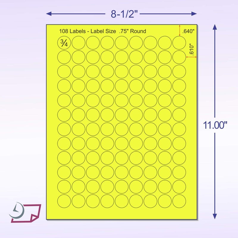 NextDayLabels 8-1/2 × 11" ملصقات نيون ملونة عالية الإضاءة فلوريسنت لطابعة الليزر والحبر (فلوريسنت أصفر، 3/4" دائري - 108 لكل صفحة | 2700 ملصق)  - Image 2